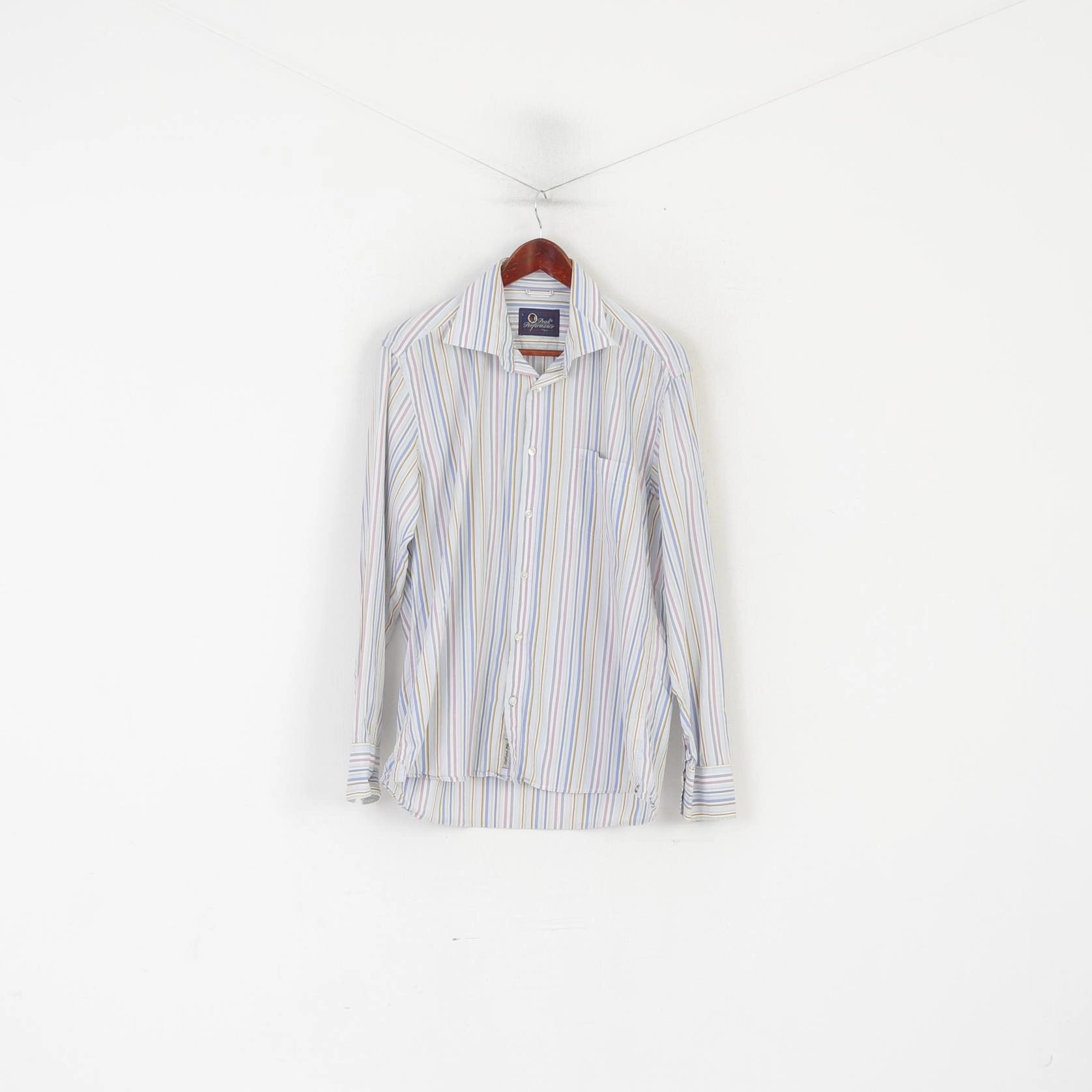 Peak Performance Men L Casual Shirt Blue Cotton Striped Kings Long Sleeve Top Hooded Neckline