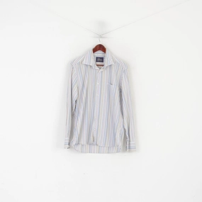 Peak Performance Men L Casual Shirt Blue Cotton Striped Kings Long Sleeve Top Hooded Neckline