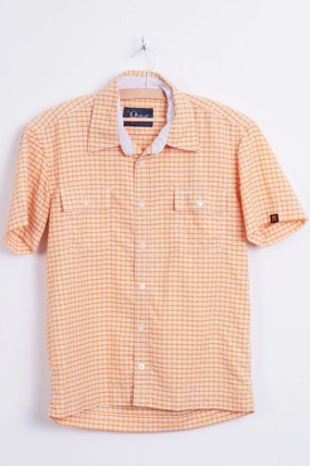 Peak Performance Mens S Outdoor Shirt Check Orange Sweden Short Sleeve Lace Accent Soft Stretch Collar