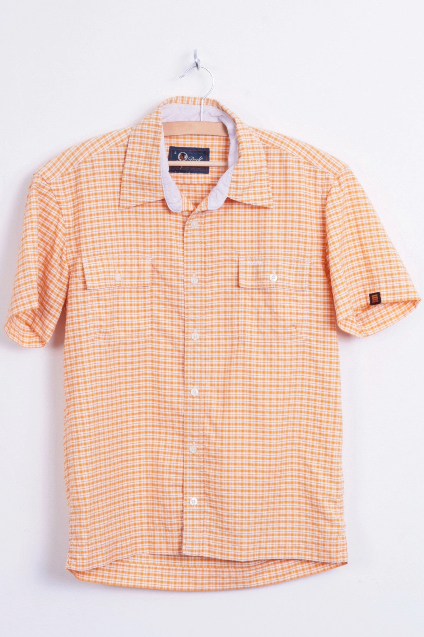 Peak Performance Mens S Outdoor Shirt Check Orange Sweden Short Sleeve Lace Accent Soft Stretch Collar