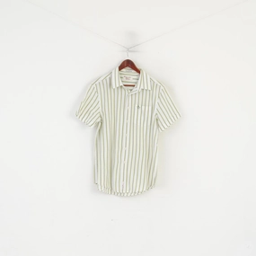 Resort Wear Customizable Design Penguin Men L  (M) Casual Shirt Cream Green Striped Heritage Slim Fit Summer Top