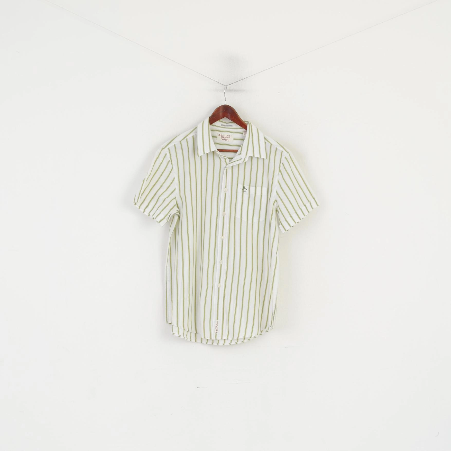 Resort Wear Customizable Design Penguin Men L  (M) Casual Shirt Cream Green Striped Heritage Slim Fit Summer Top