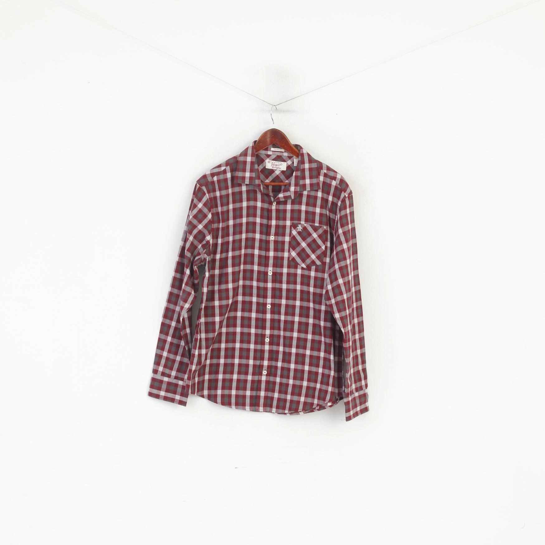 Affordable Luxury Penguin Men L Casual Shirt Maroon Check Cotton Classic Fit Long Sleeve Top