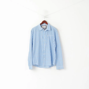 Polished Style Penguin Men XL (L) Casual Shirt Blue Check Cotton Slim Fit Long Sleeve Top