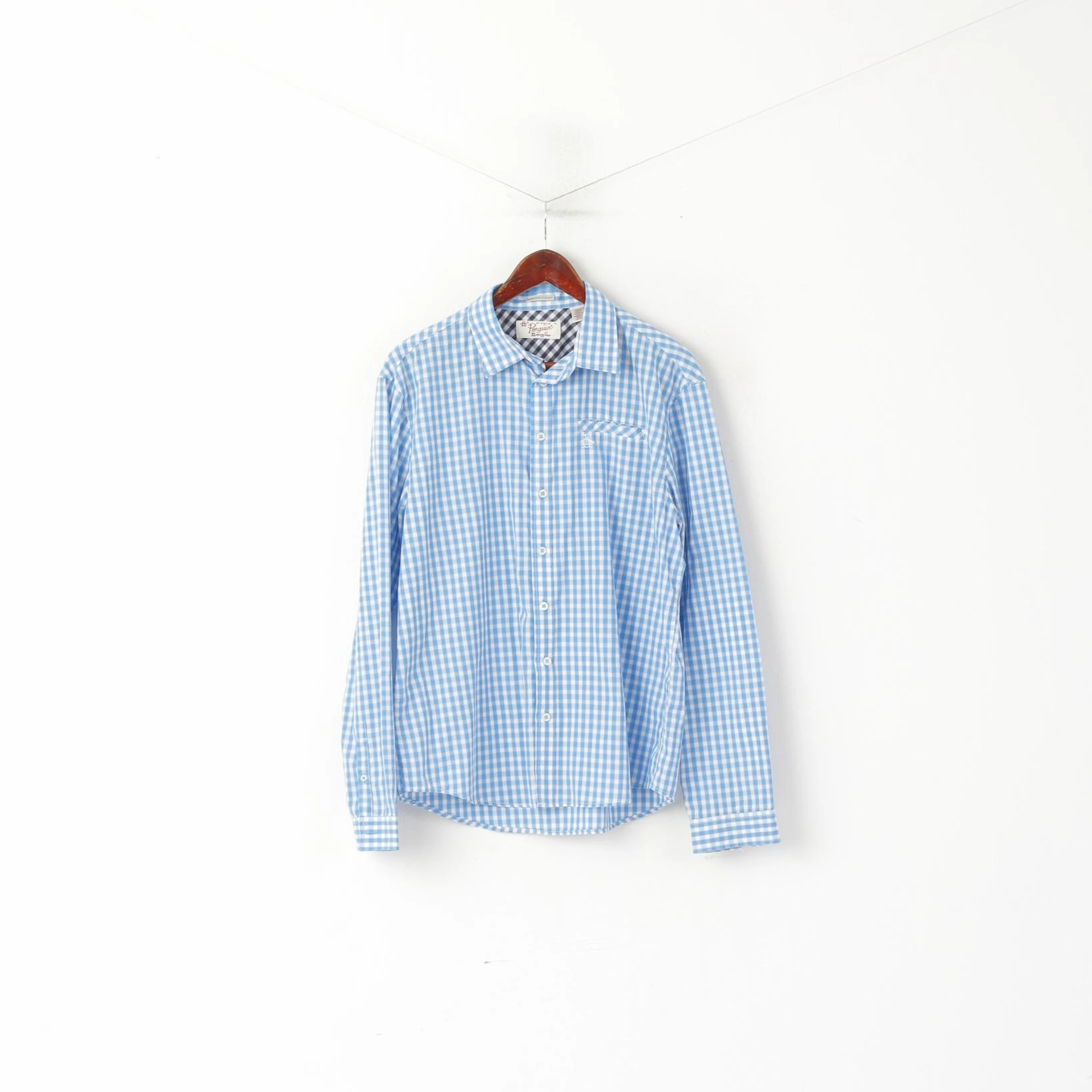 Polished Style Penguin Men XL (L) Casual Shirt Blue Check Cotton Slim Fit Long Sleeve Top