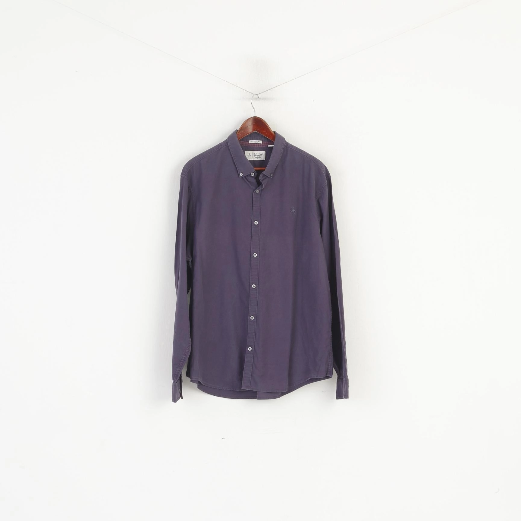 Snag Free Surface Printed Pattern Penguin Men XXL Casual Shirt Purple Cotton Slim Fit Stretch Long Sleeve Top