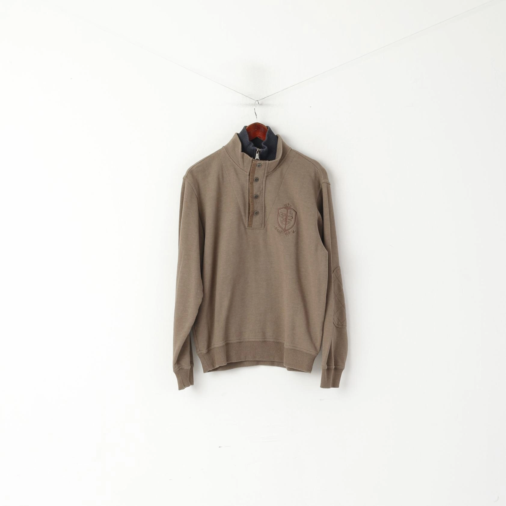 Pierre Cardin Men M Sweatshirt Brown Cotton Vintage Rugby Club Zip Neck Top Festival Outfit