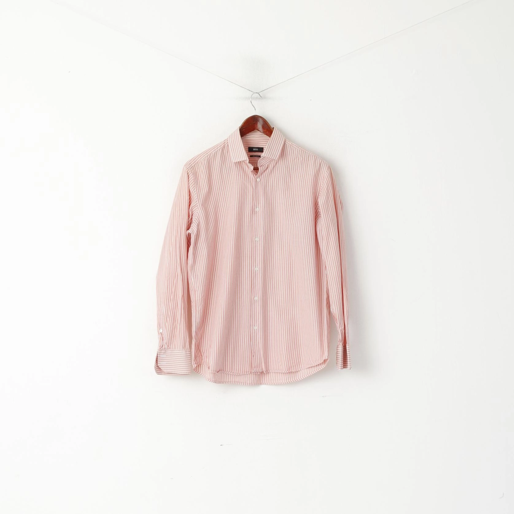 Fitted Shape Hugo Boss Men 41 16 L Casual Shirt Peach Cotton Striped Regular Fit Long Sleeve Top