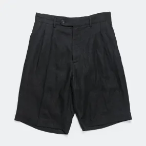 Vegan Leather Bootcut style Pleated Shorts - Navy Bee Keepers Linen