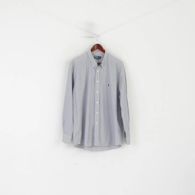 Polo by Ralph Lauren Men XXL Casual Shirt Blue Cotton Striped Long Sleeve Top Micro Perforated Texture Modern Aesthetic