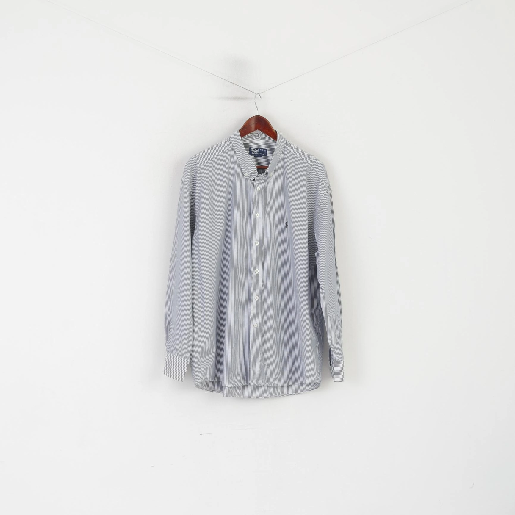 Polo by Ralph Lauren Men XXL Casual Shirt Blue Cotton Striped Long Sleeve Top Micro Perforated Texture Modern Aesthetic