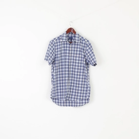 GANT Men M Casual Shirt Blue Check Cotton Short Sleeve Tech Prep Regular Top Microfiber Material