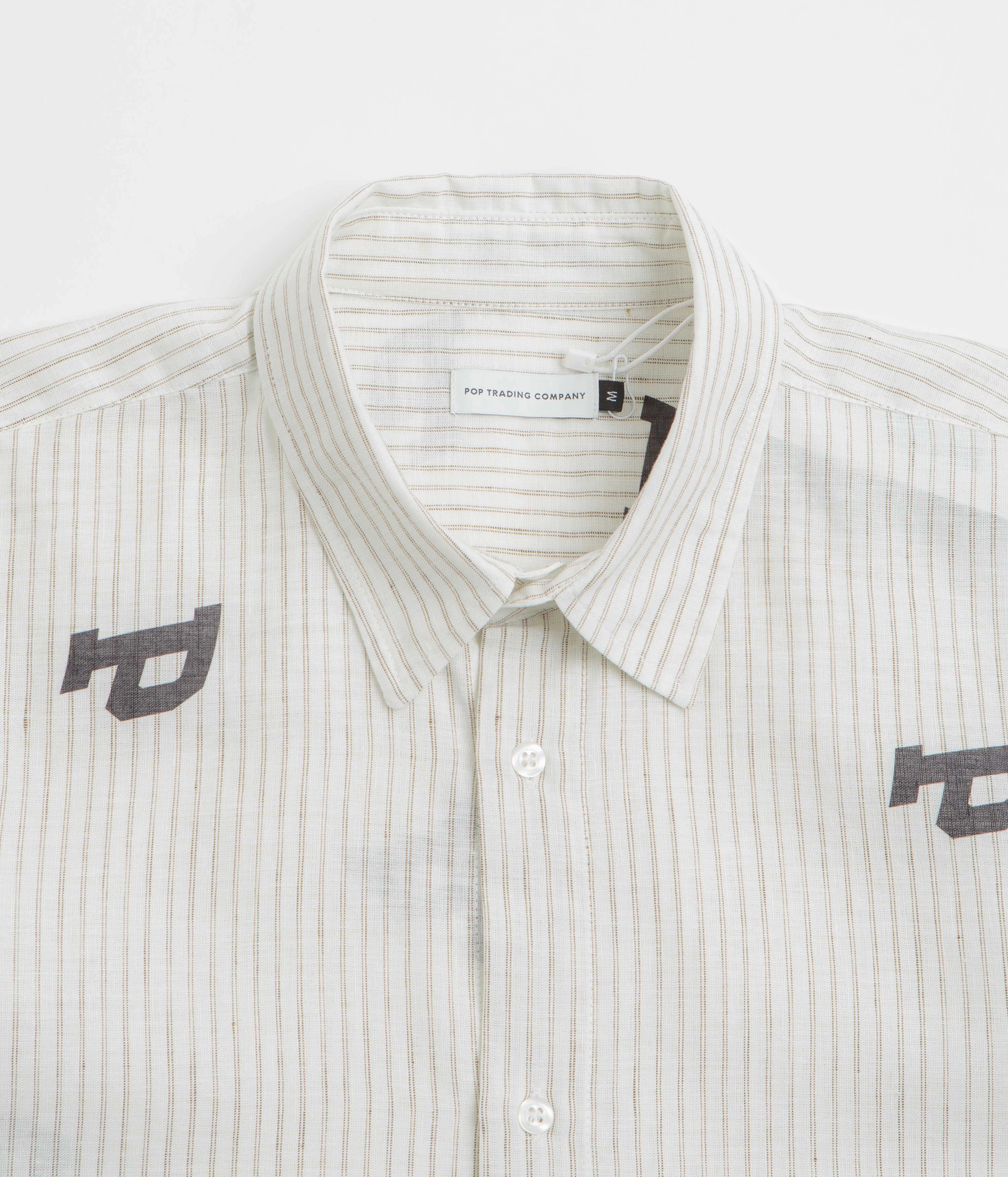 Pop Trading Company Letters Striped Pop Shirt - White Linen V-neck style Wardrobe Staple