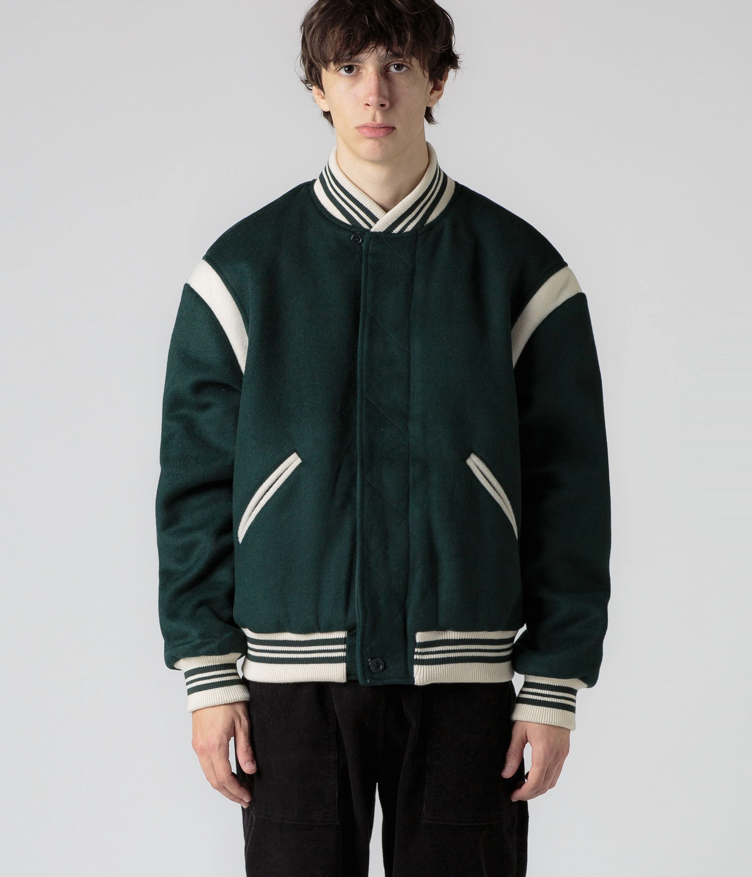 Adjustable Drawstring Hood Pop Trading Company x Parra Varsity Jacket - Pine Green