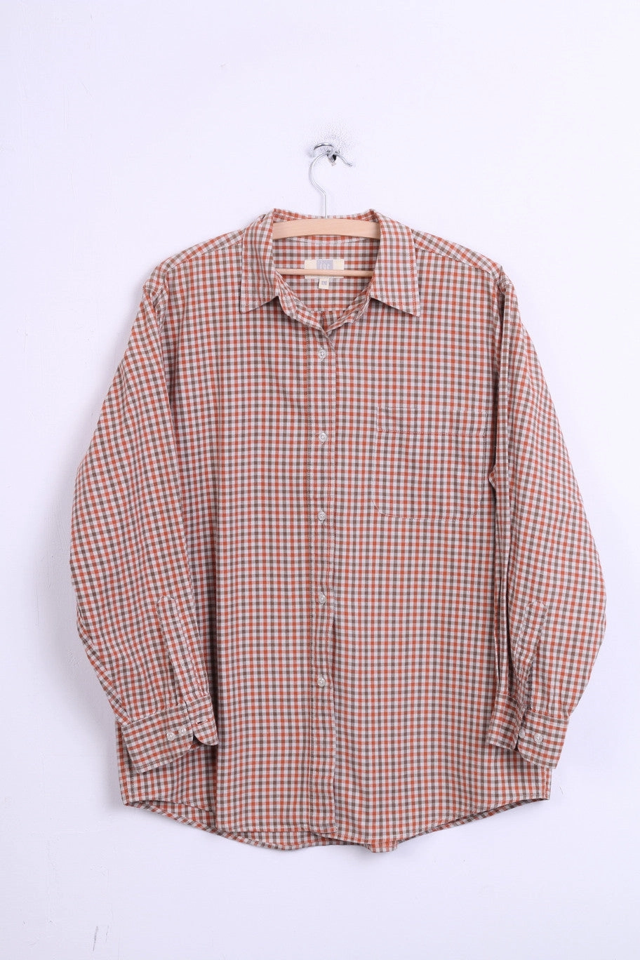 DOC Mens L Vintage Casual Shirt Check Orange Cotton Top Single Breasted Loose Comfort Lightweight Layers