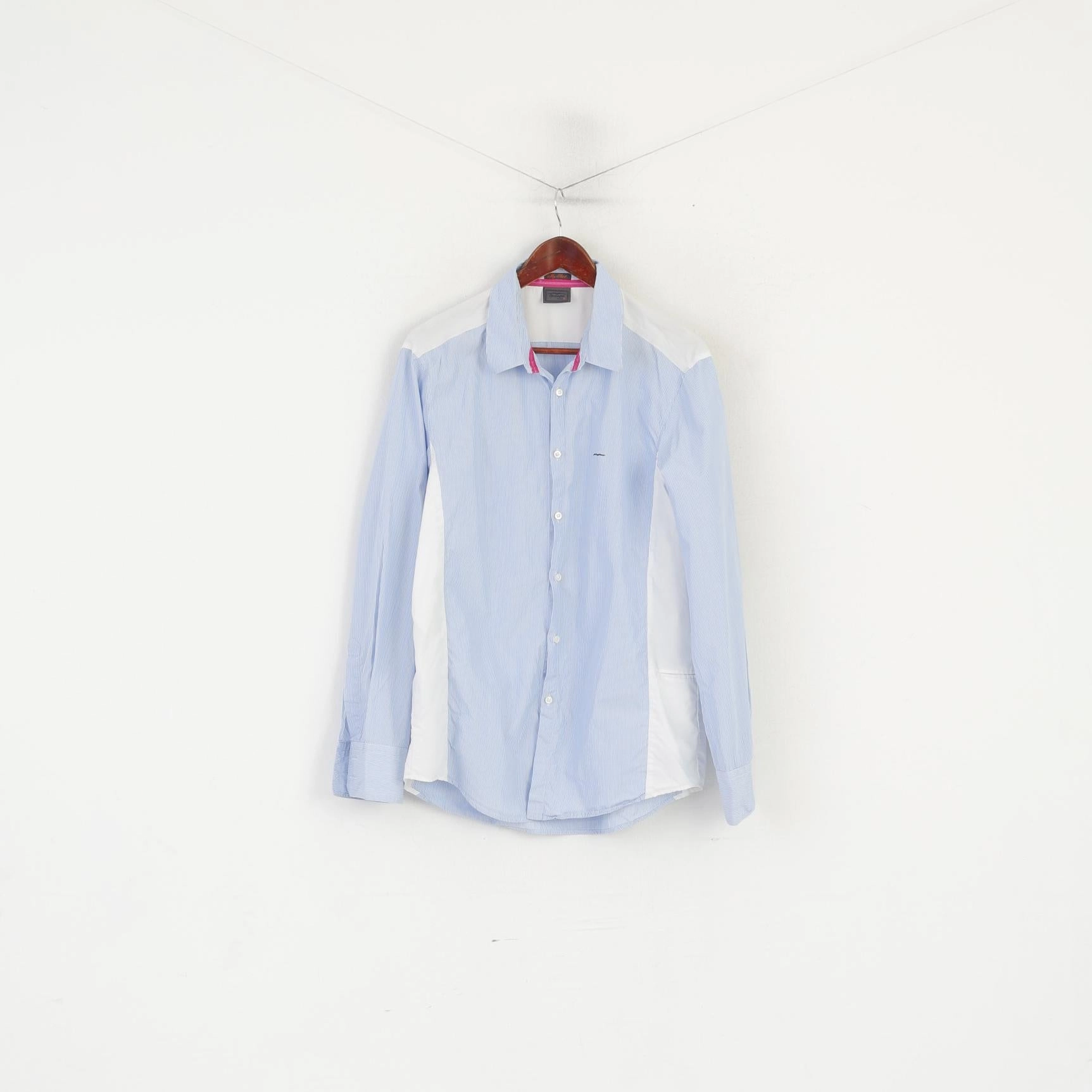 UV Protection Hugo Boss Men XL Casual Shirt Blue Cotton Handcrafted Striped Long Sleeve Top