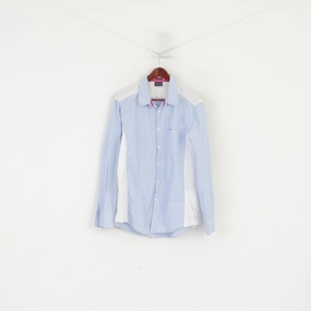 UV Protection Hugo Boss Men XL Casual Shirt Blue Cotton Handcrafted Striped Long Sleeve Top