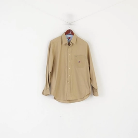 Tommy Hilfiger Men L Casual Shirt Beige Cotton Pocket Buttons Down Collar Top Layered Hemline