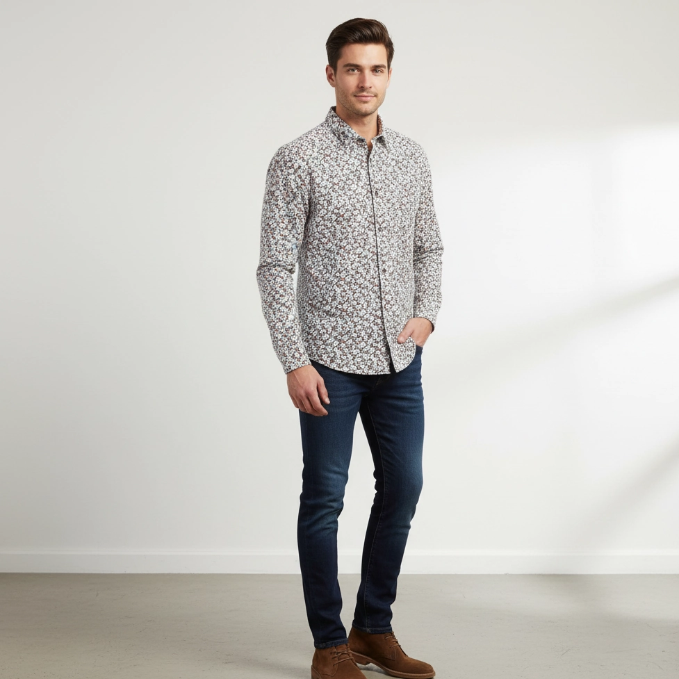 Customizable Option Pretty Green Men XL Casual Shirt White Printed Cotton Long Sleeve Pocket Top