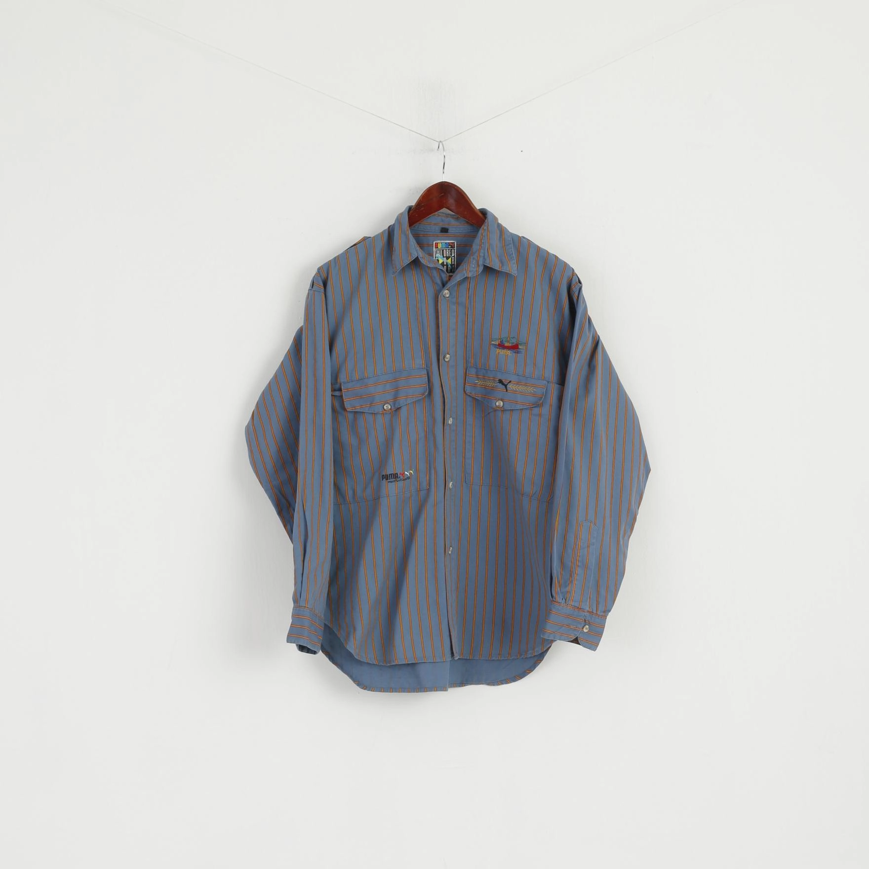 Puma Men S Casual Shirt Blue Striped Vintage Sport 90s Long Sleeve Emroidered Top Adjustable Hem