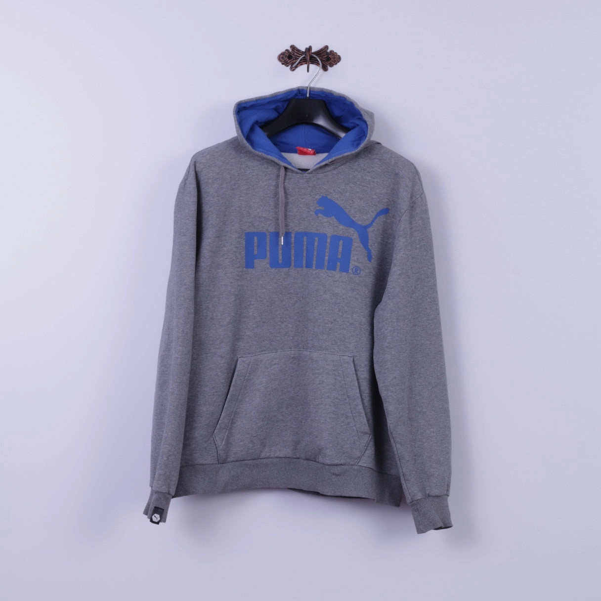PUMA Mens XL Sweatshirt Grey Cotton Blue Logo Hooded Kangaroo Pocket Hoodie Trendy Essentials Casual Outerwear
