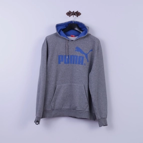 PUMA Mens XL Sweatshirt Grey Cotton Blue Logo Hooded Kangaroo Pocket Hoodie Trendy Essentials Casual Outerwear