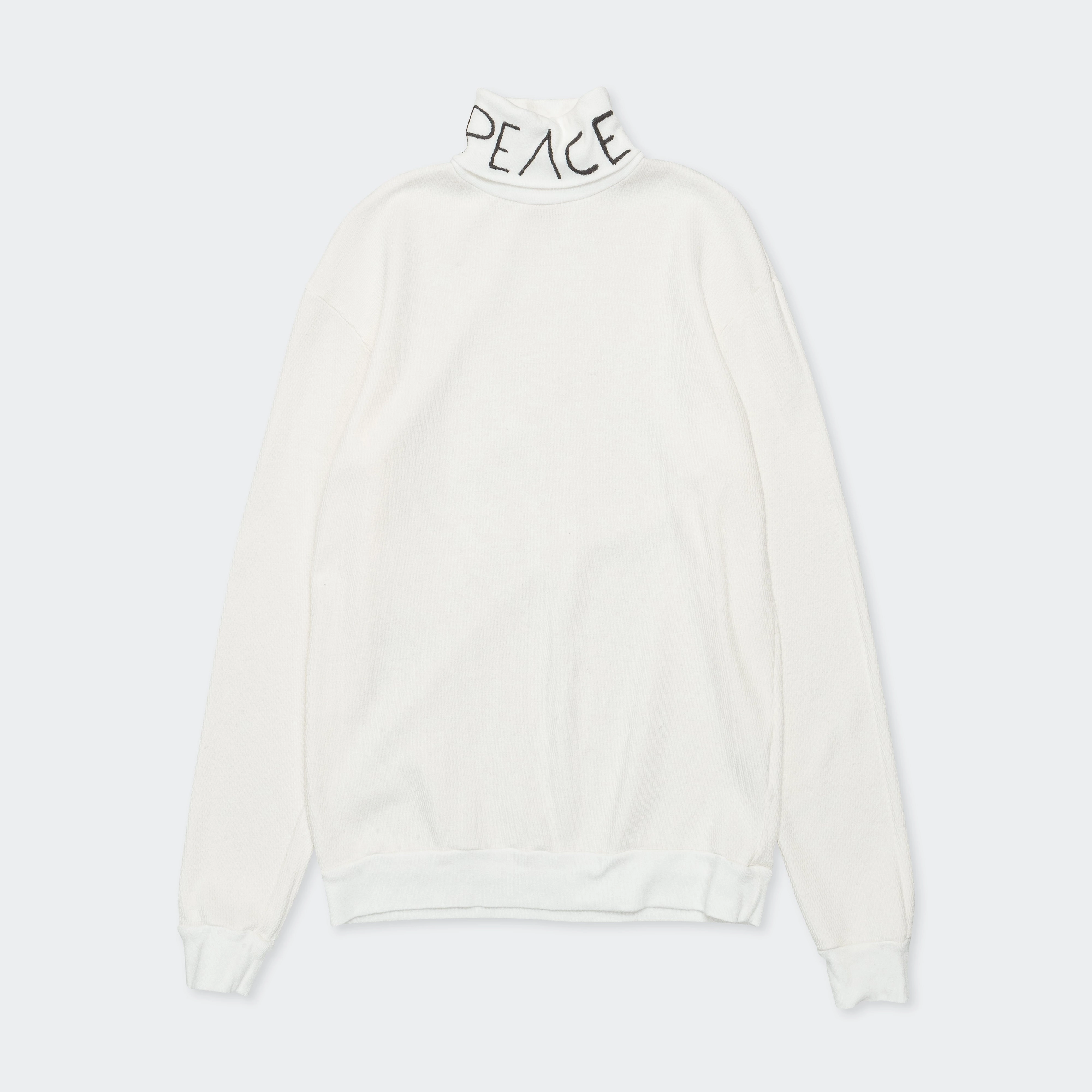 Waffle Jersey High-Neck Long Sleeve T (PEACE Embroidery) - White Subtle Embroidery