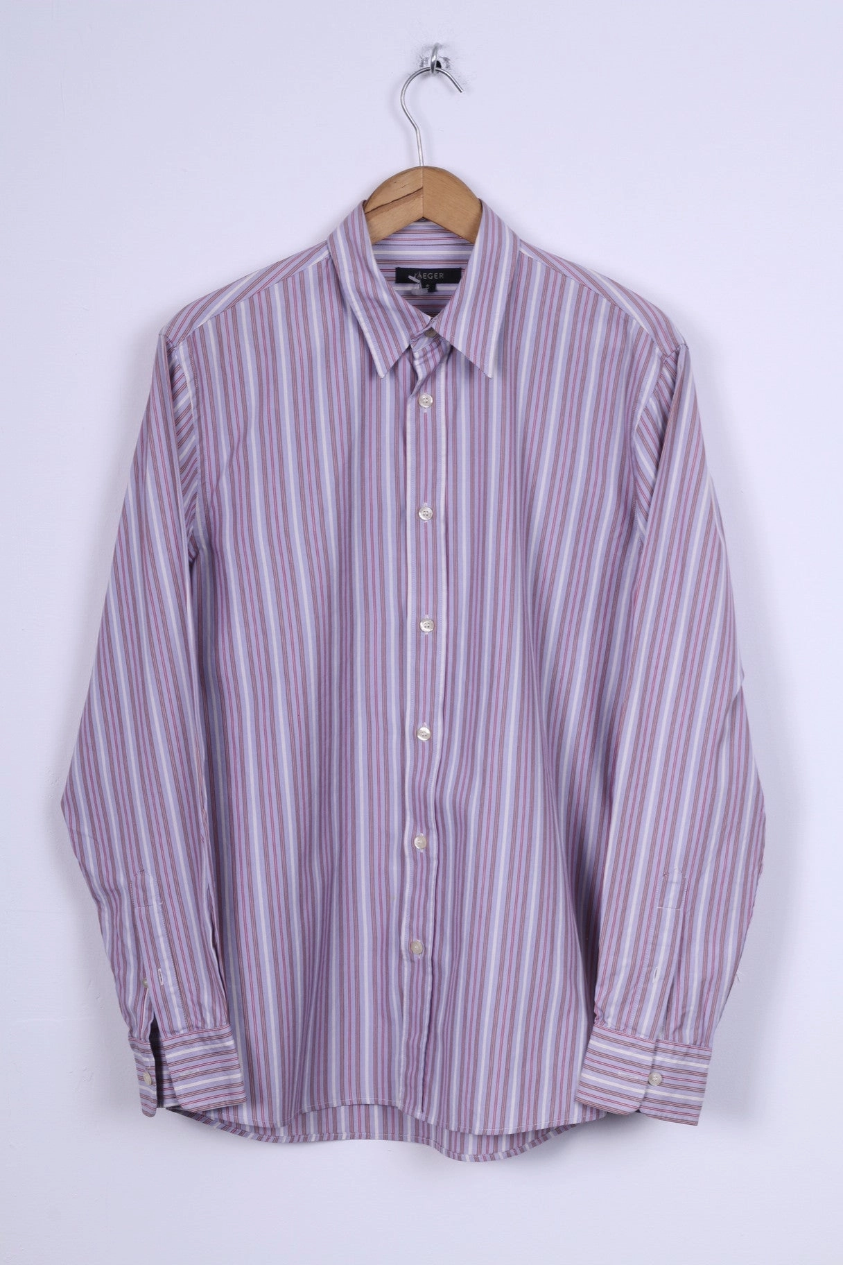 Jaeger Mens S Casual Shirt Striped Multi Detailed Button Cotton Long Sleeve Tailored Cut High Density Weave