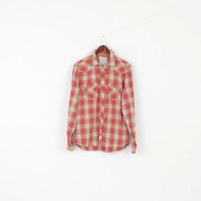 Guess Los Angeles Men M Casual Shirt Red Check Snaps Slim Fit Long Sleeve Cotton Matte Look Ombre look