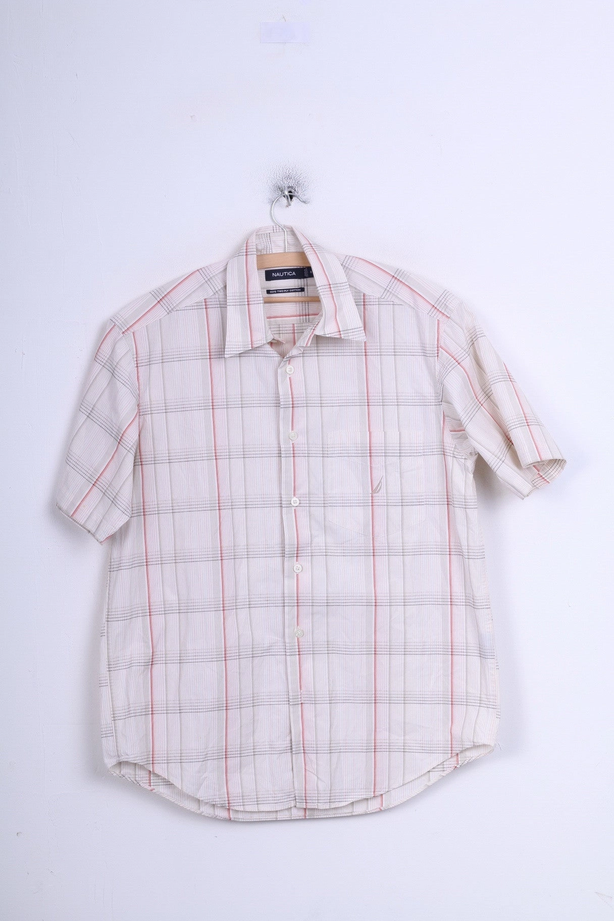 Nautica Mens M Casual Shirt Check Ecru Cotton Short Sleeve Patterned Texture