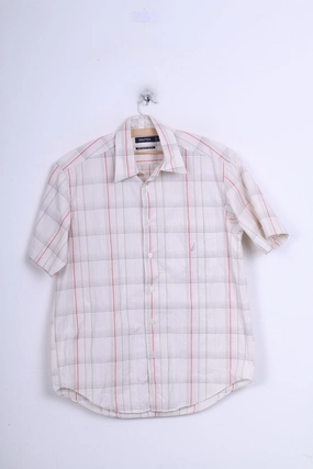 Nautica Mens M Casual Shirt Check Ecru Cotton Short Sleeve Patterned Texture