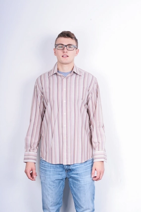 handmade touch Racing Green Mens L Casual Shirt Striped Super Fine Cotton Brown Cotton