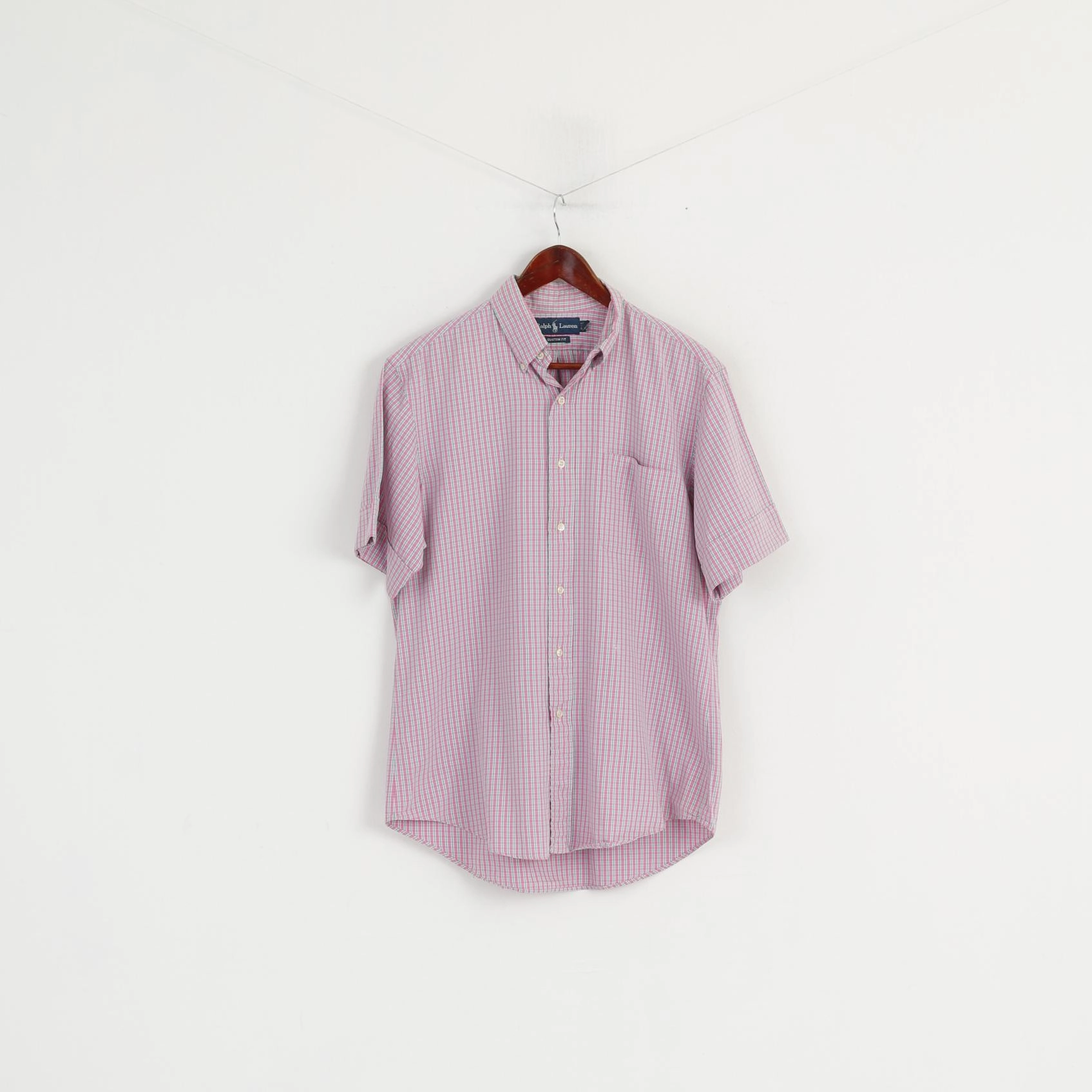 Winter Collection Ralph Lauren Men 16 L Casual Shirt Pink Check Button Down Collar Short Sleeve Top