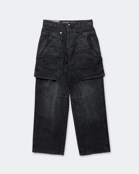 Durable Twill Raptor Layered Wide-Leg Jeans - Washed Black