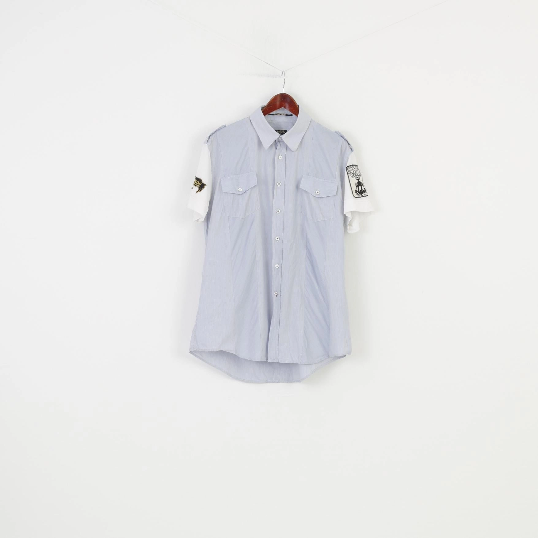 Chic Ensemble Rare Men XXXL L Casual Shirt Striped Blue Short Sleeve Cotton Collar Buttons Patches Styled in Italy Top