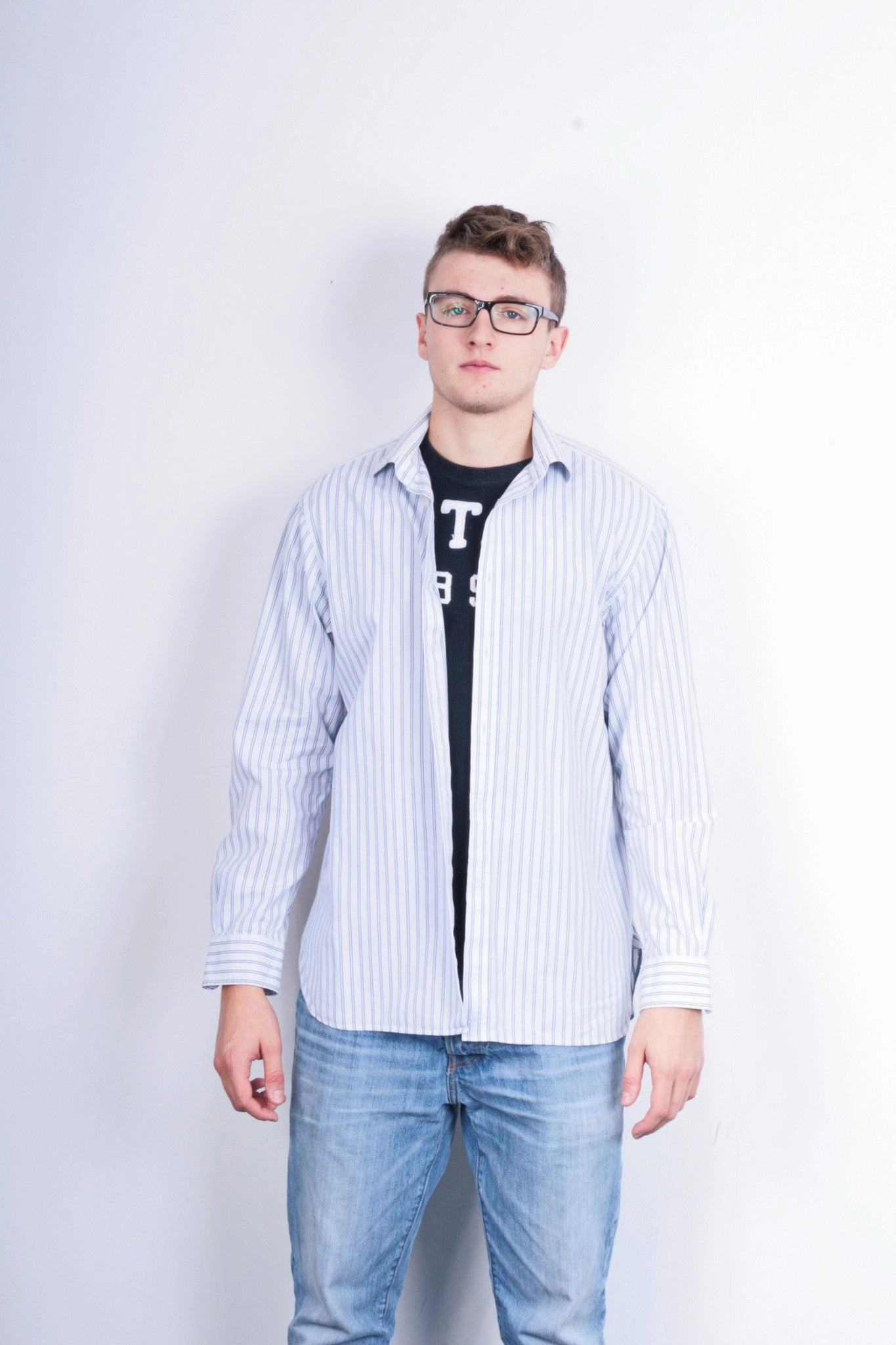 Jaeger London Mens 16.5 L XL Casual Shirt Striped White Cotton Road Trip Ready