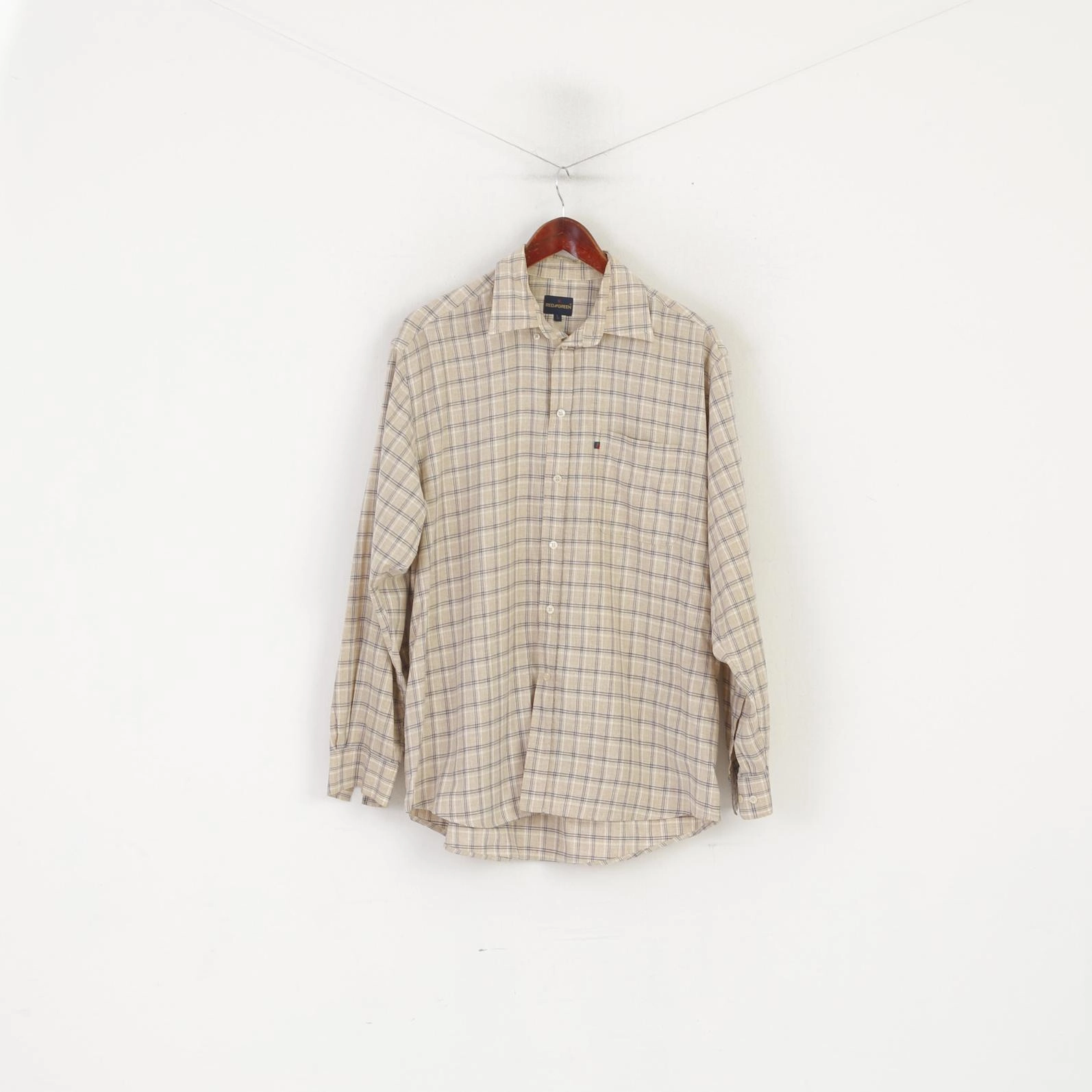 Seamless Sides Red Green Men L Casual Shirt Beige Check Cotton Detailed Buttons Long Sleeve Top