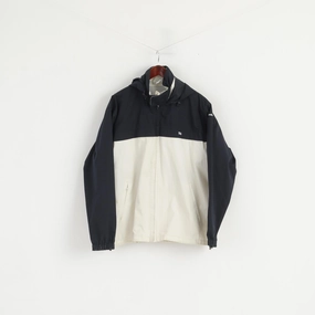 Reebok Classic Men M Jacket Black Beige PU Coating Hooded Zip Up Vintage Top Quilted Panels Rollaway Collar Feature