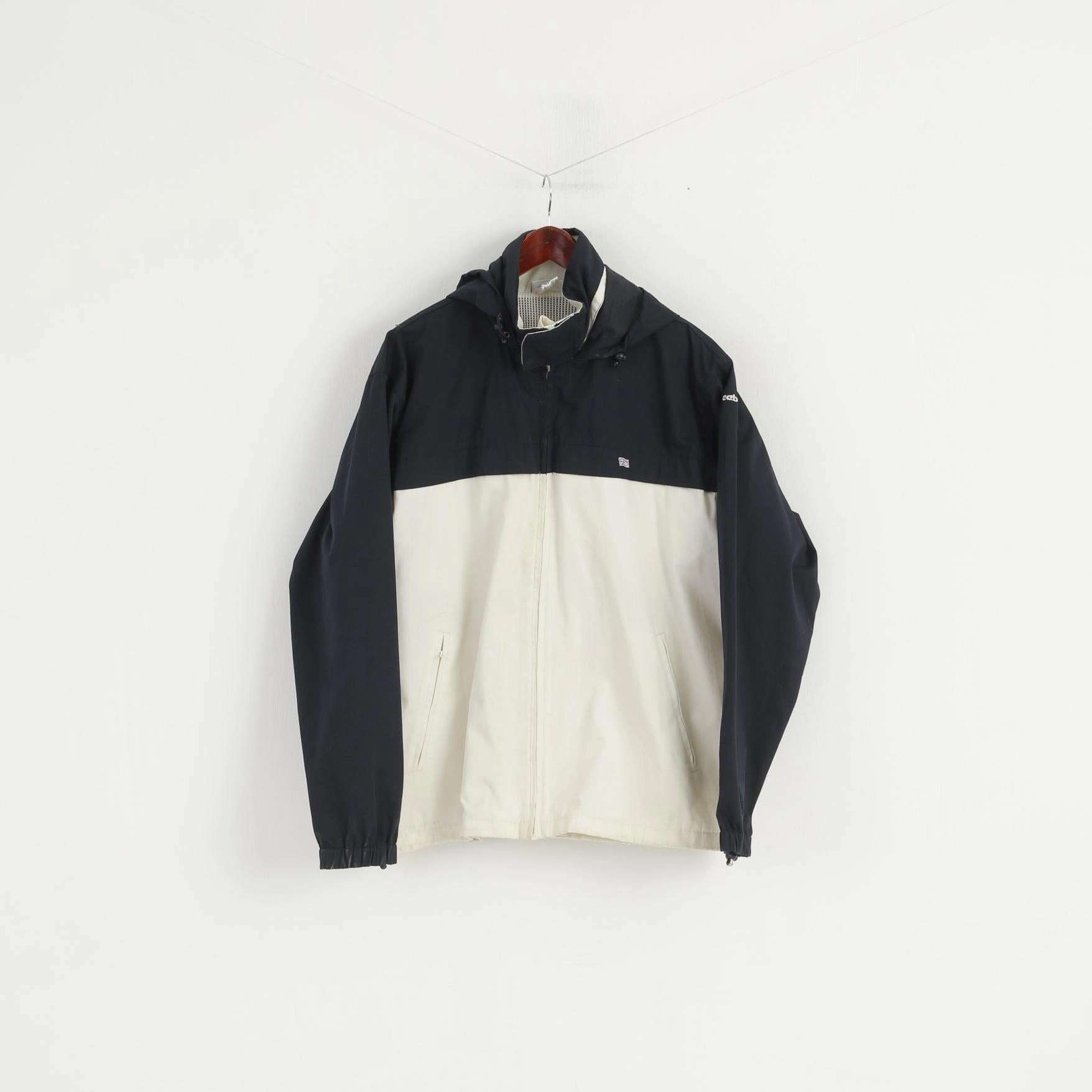 Reebok Classic Men M Jacket Black Beige PU Coating Hooded Zip Up Vintage Top Quilted Panels Rollaway Collar Feature