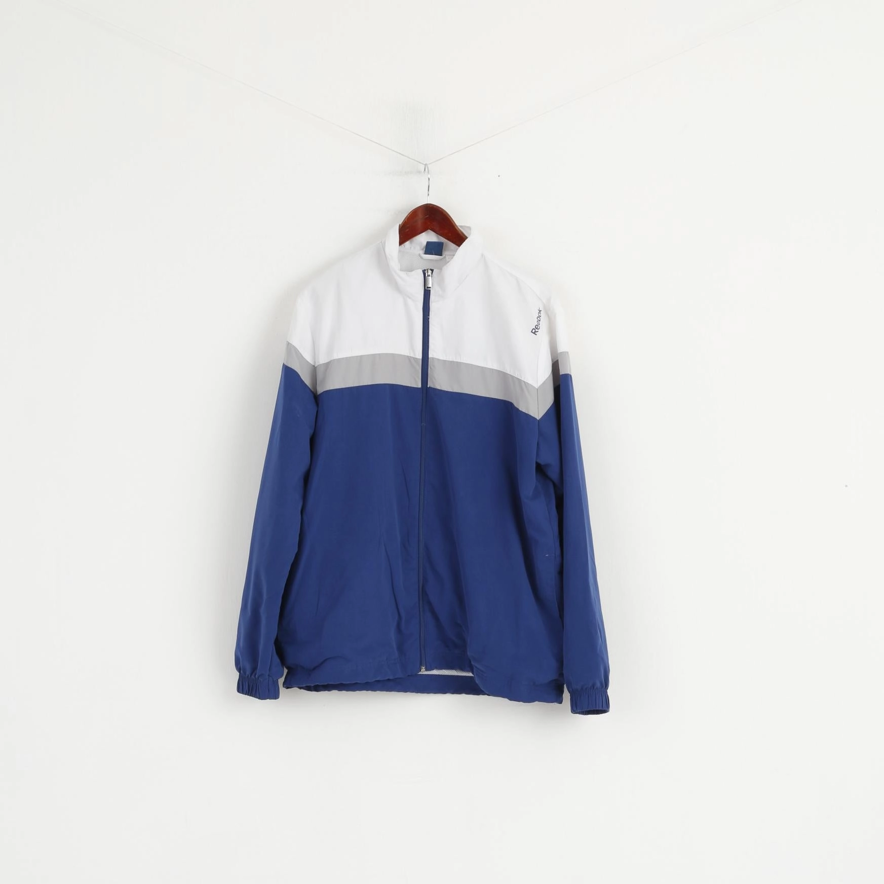 Reebok Men L Jacket White Blue Bomber Mesh Lined Zip Up Lightweight Active Sport Top Commuter Choice Detachable Hood