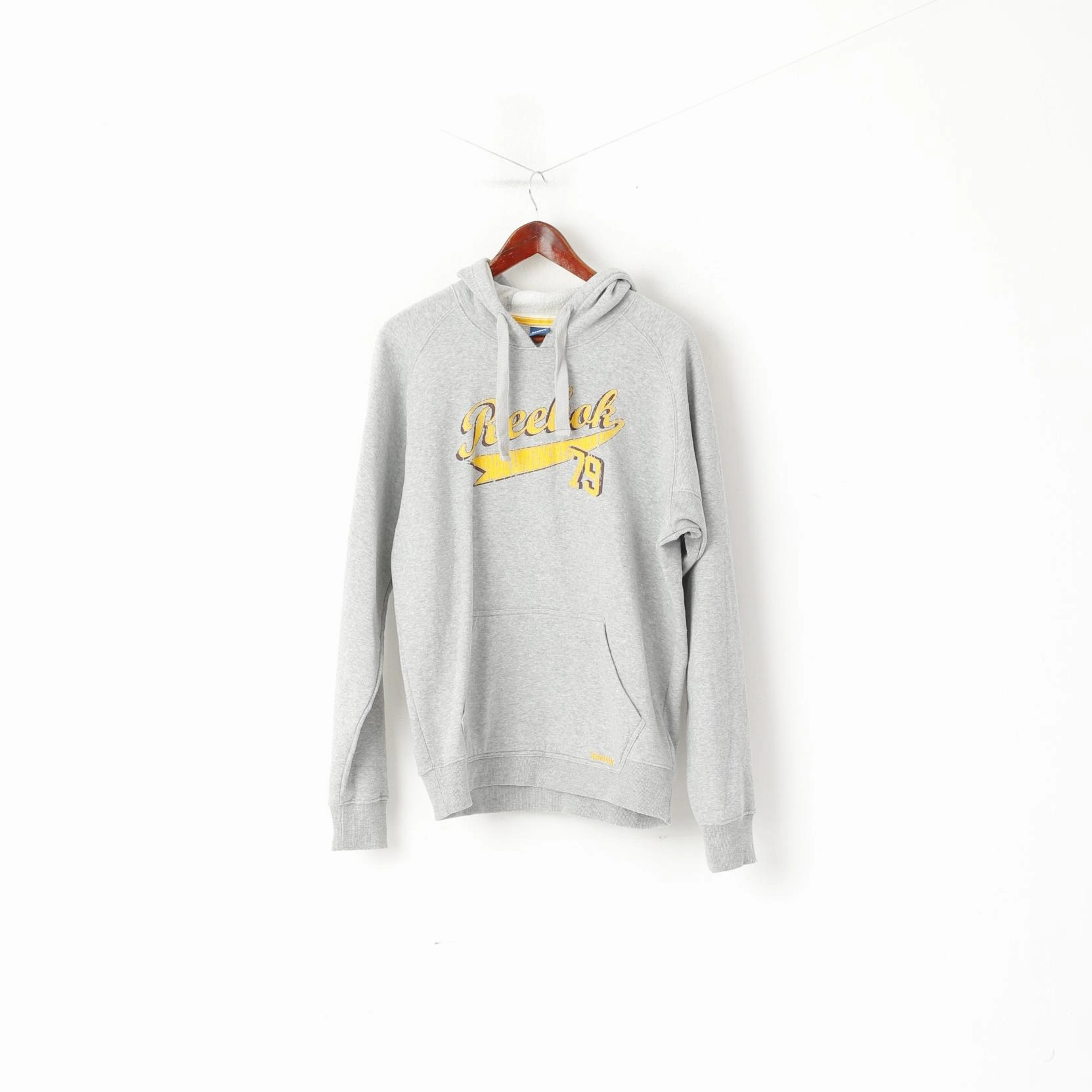 Reebok Men M Sweatshirt Grey Cotton Hooded Vintage Kangaroo Pocket Hoodie Top product premium quality Cold Day Wear