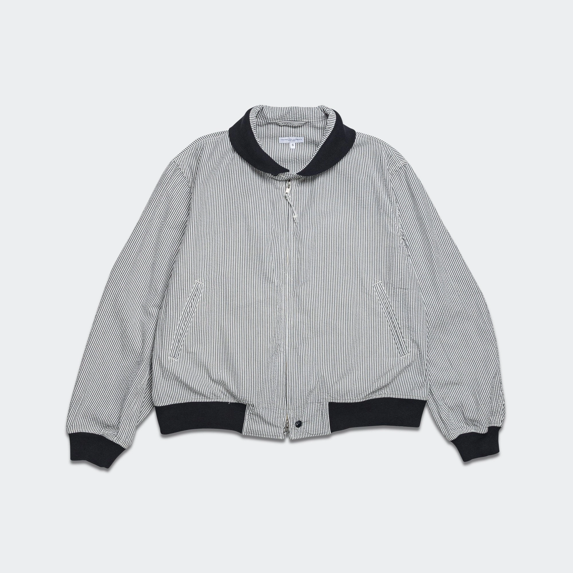 LL Jacket - Navy Cotton Seersucker Stripe Flatlock stitching