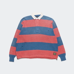 Double Stitched Seams 5G Cotton Knit RUGGER Shirt - Sax/Red