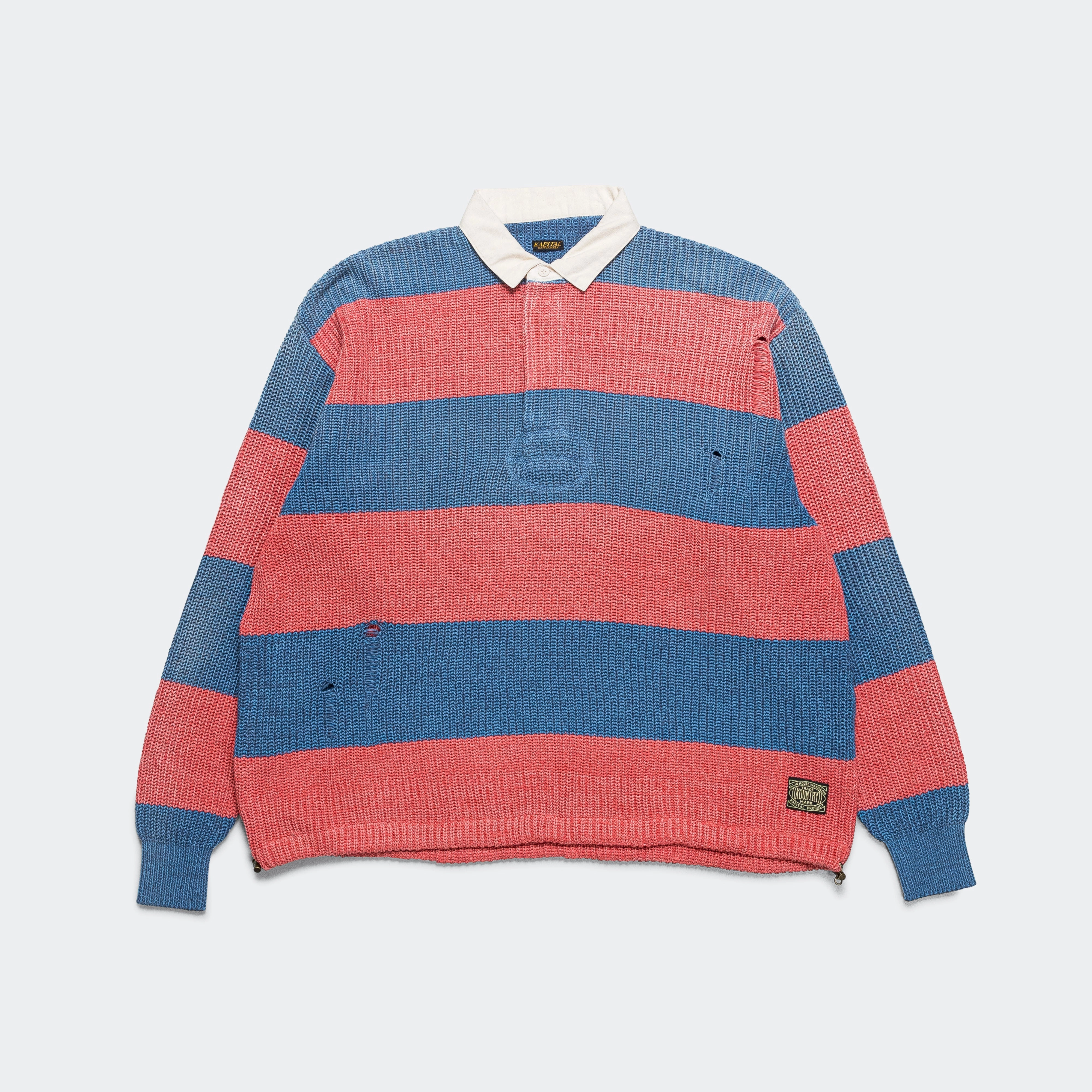 Double Stitched Seams 5G Cotton Knit RUGGER Shirt - Sax/Red