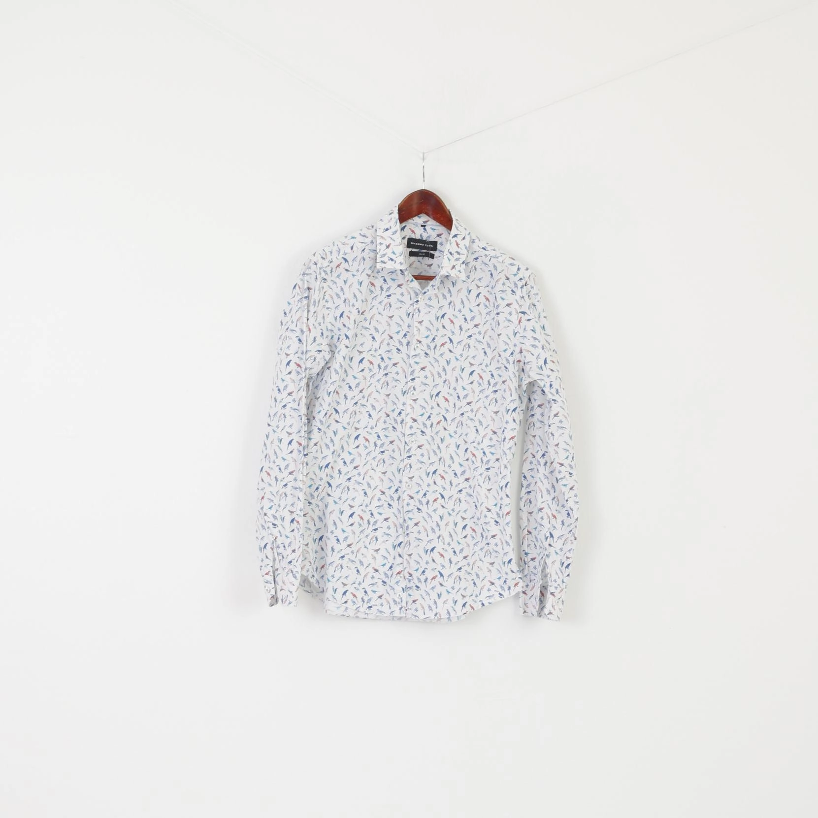 Giacomo Conti Men S Casual Shirt White Cotton Slim Fit Birds Printed Long Sleeve Top Denim Blend Winter Fashion