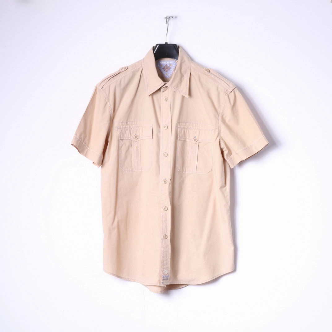 Replay Brand Blue Jeans Mens XL Casual Shirt Beige Cotton Embroidered Short Sleeve Top On-The-Go Style