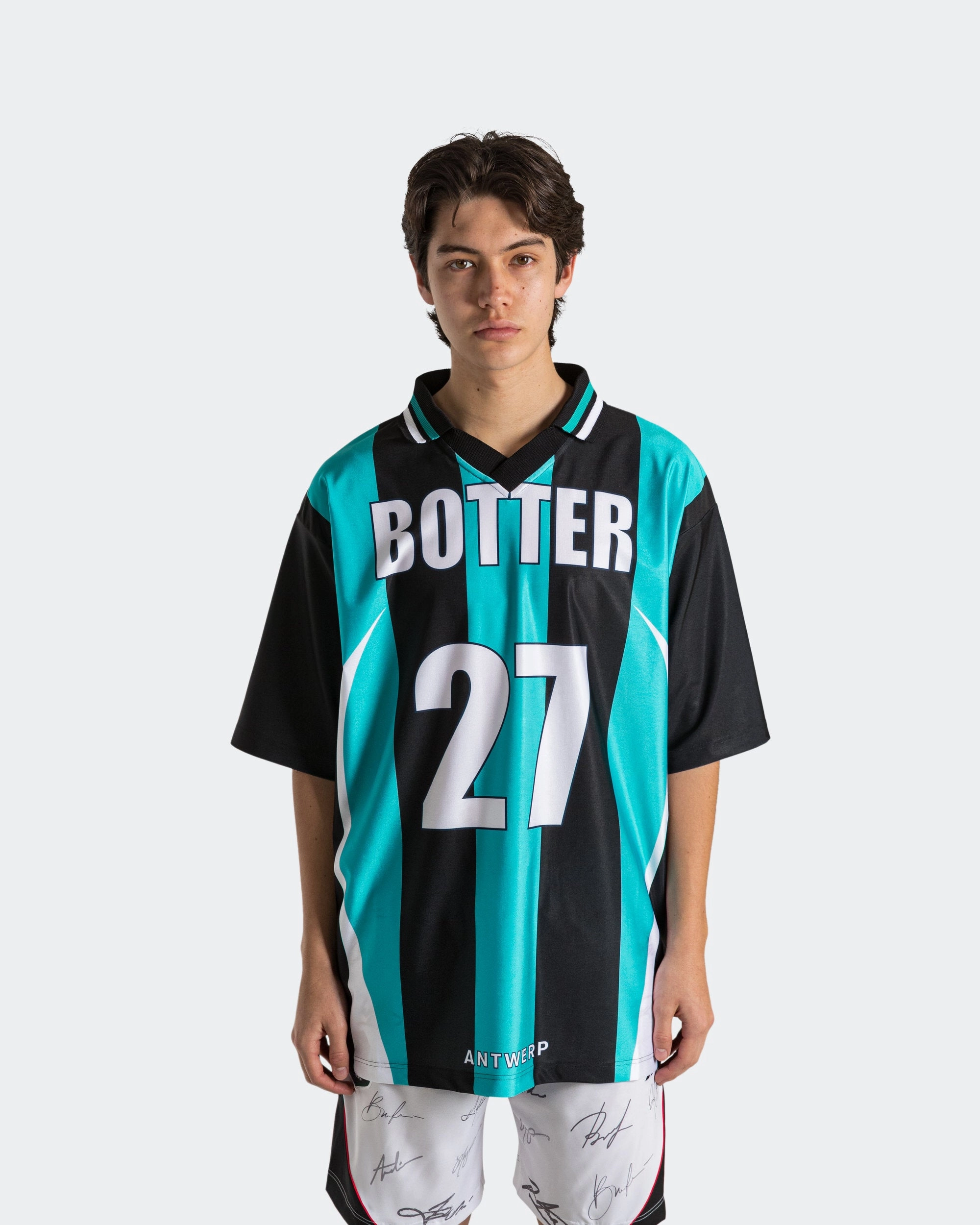 Round Collar Regular Fit Reverse Soccer Tee x Botter - Striped Navy/Aqua