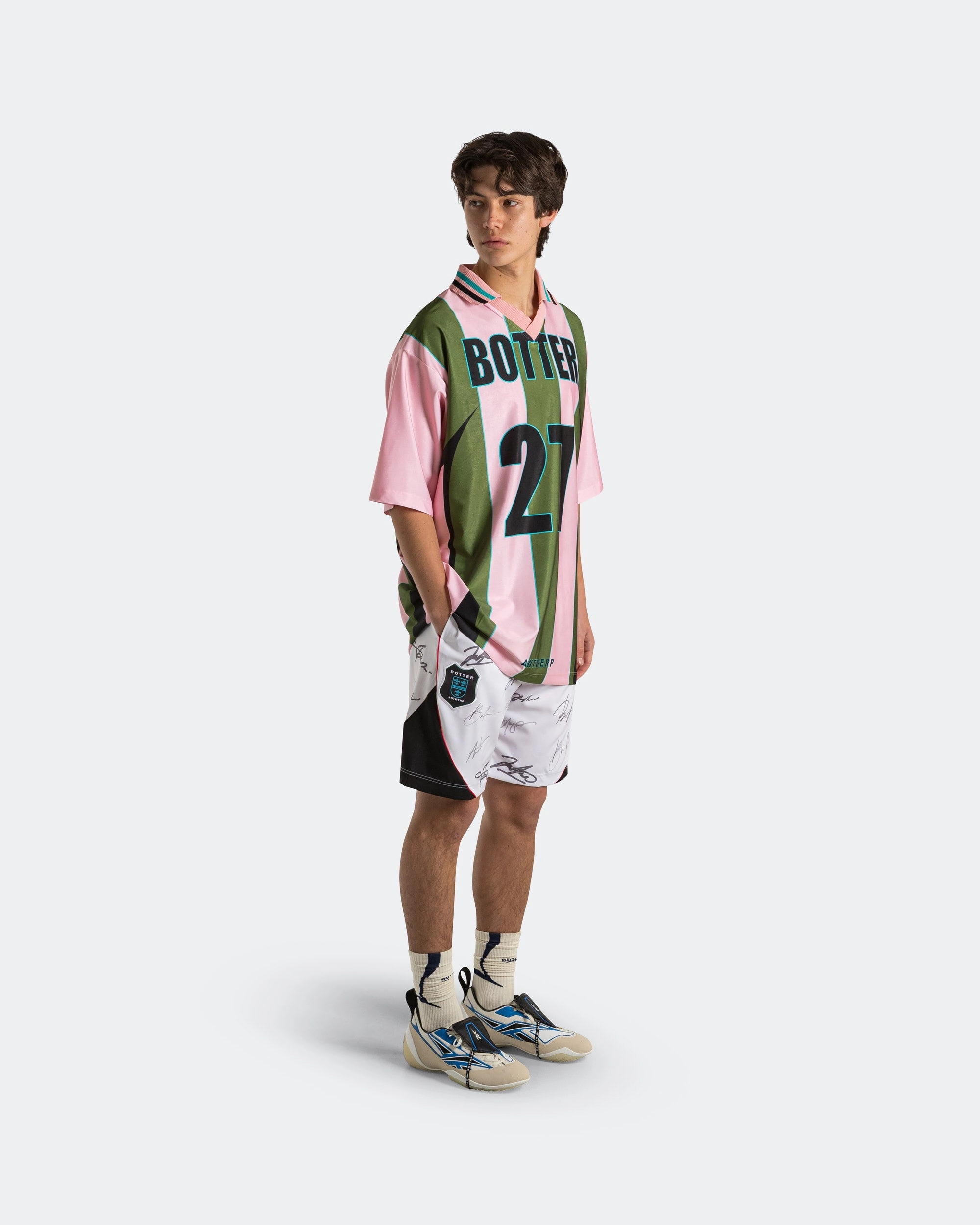 Durable Thread Construction Relaxed Vibe Reverse Soccer Tee x Botter - Striped Pink/Green