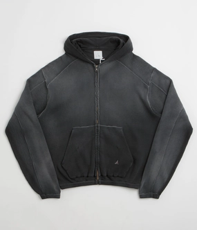 Double Needle Stitching ROA Bee Sun Faded Zip Up Hoodie - Black