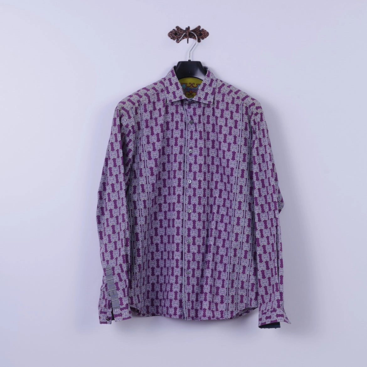 Premium Finish Robert Graham Mens XL Casual Shirt Purple Cotton Trim Silk Long Sleeve Classic Fit